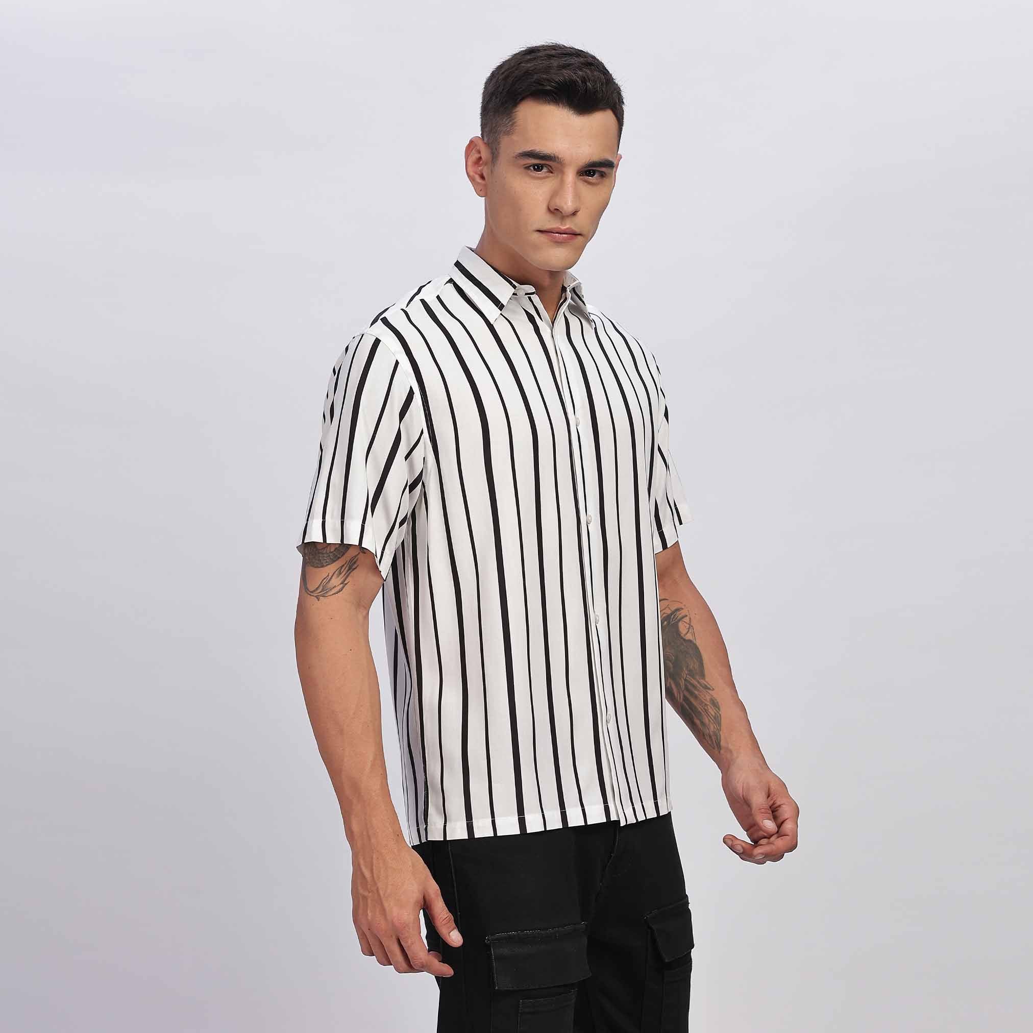 Black Striped Short Sleeve Shirt for men