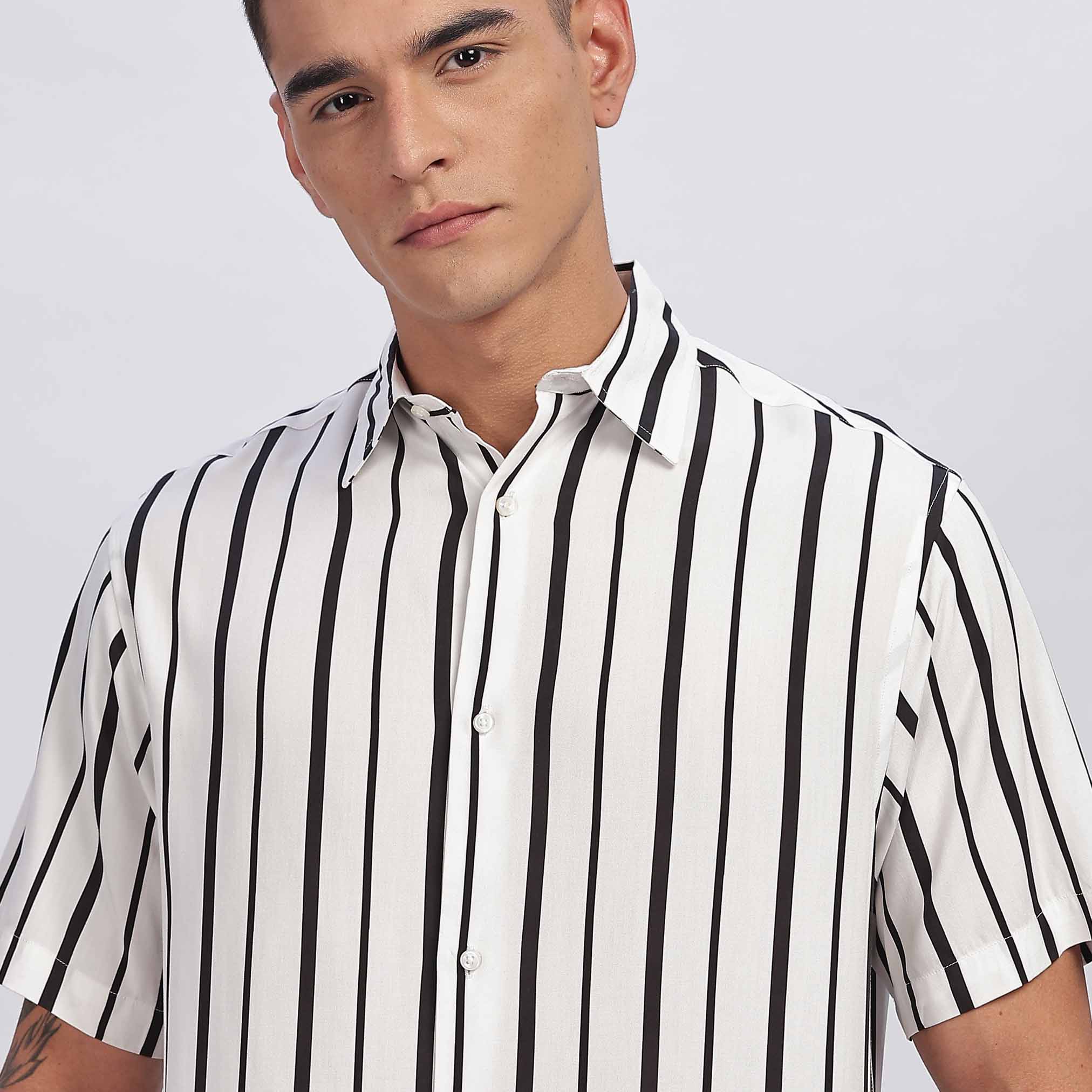 Black Striped Short Sleeve Shirt for men