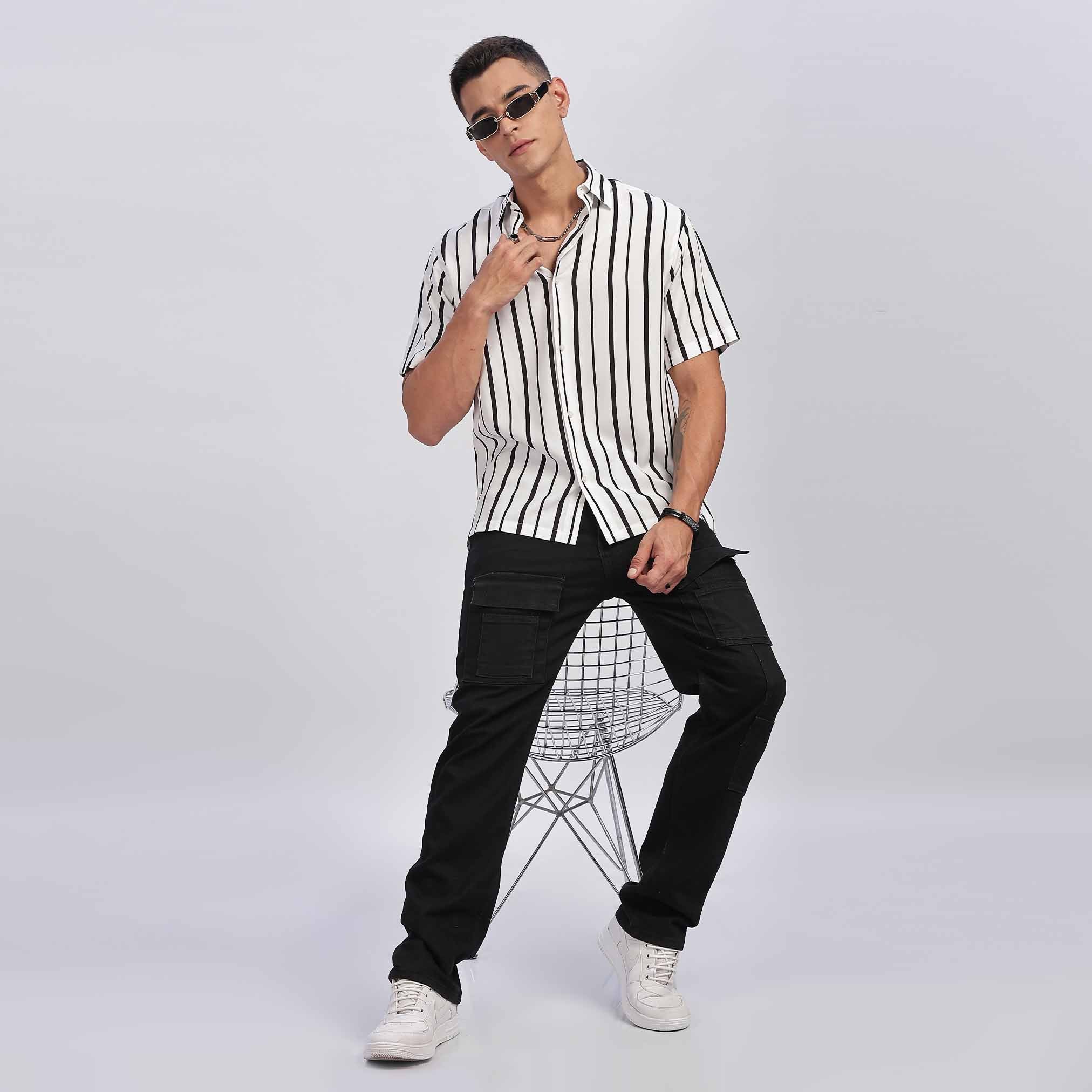 Black Striped Short Sleeve Shirt for men
