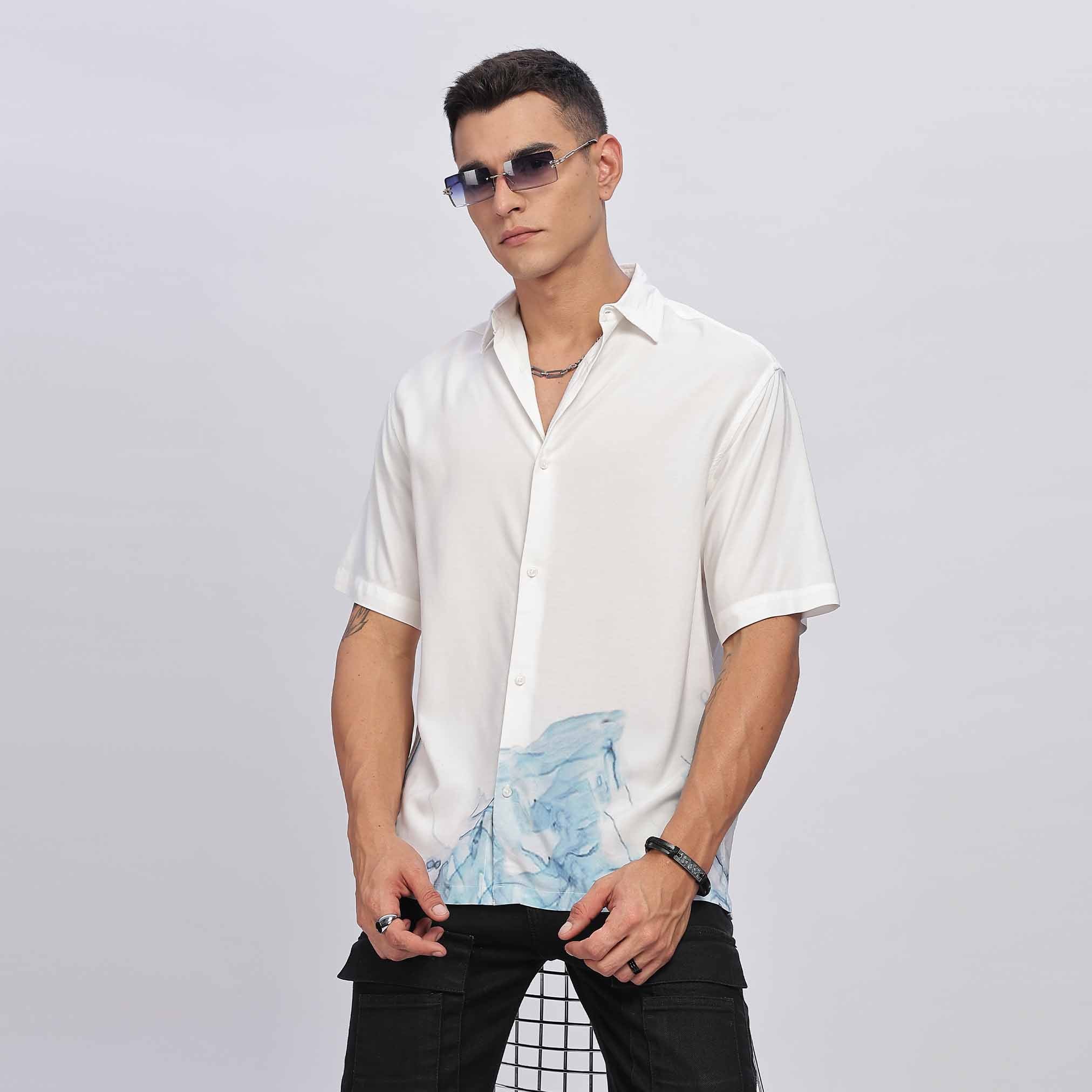 Mens Washed Casual White, Light Blue Shirt