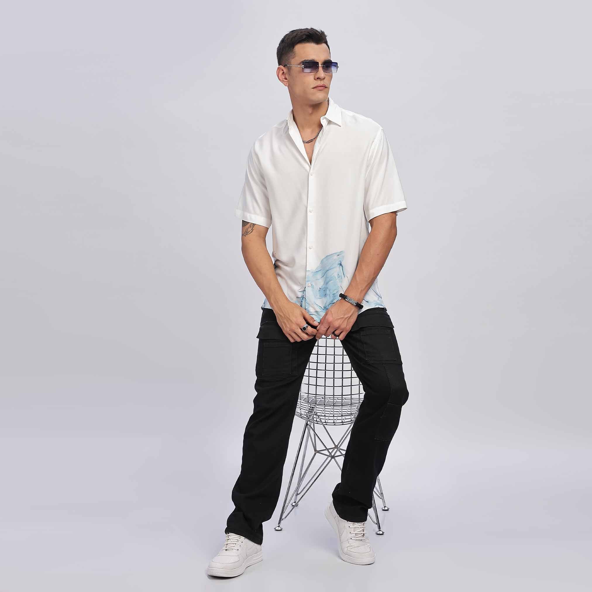 Mens Washed Casual White, Light Blue Shirt