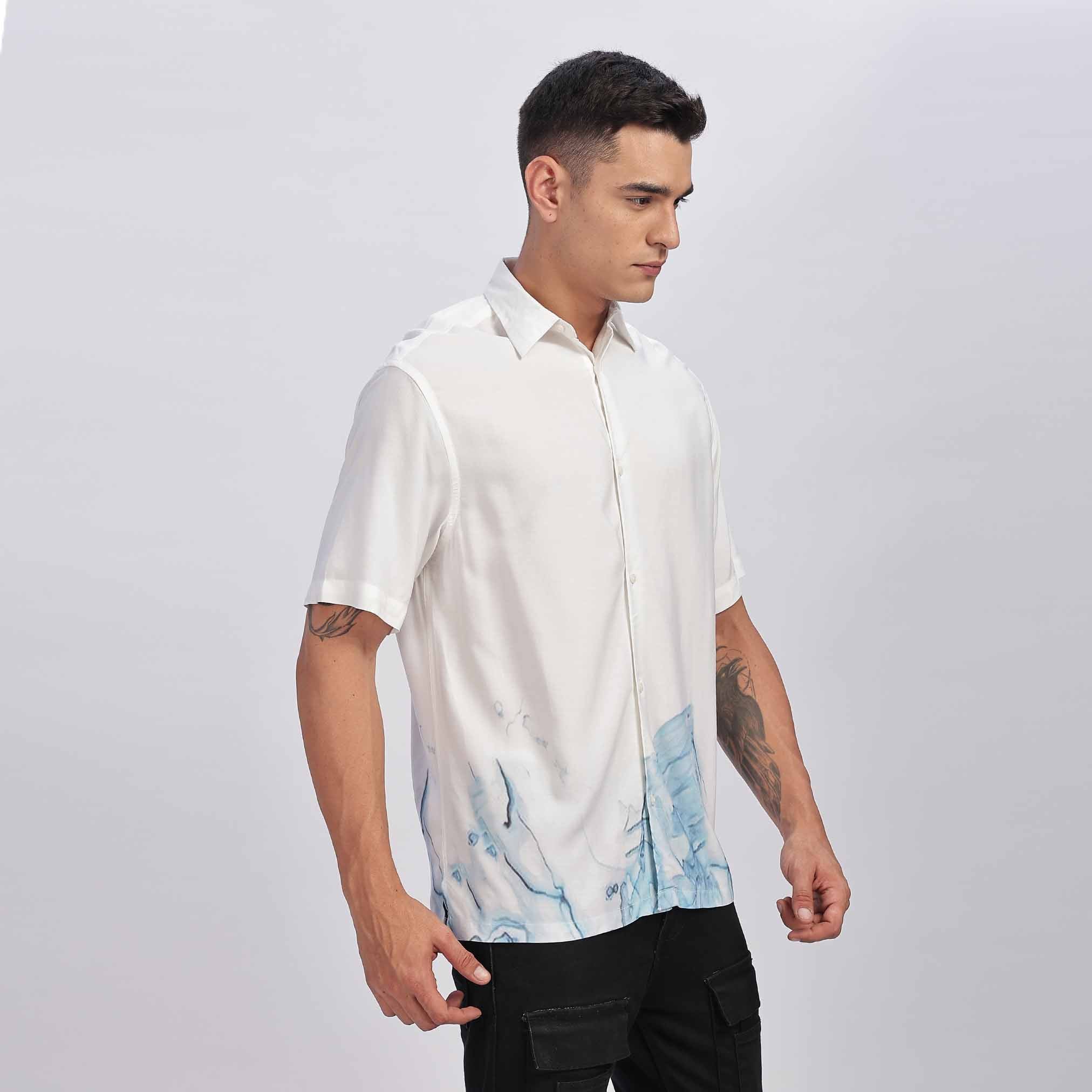 Mens Washed Casual White, Light Blue Shirt