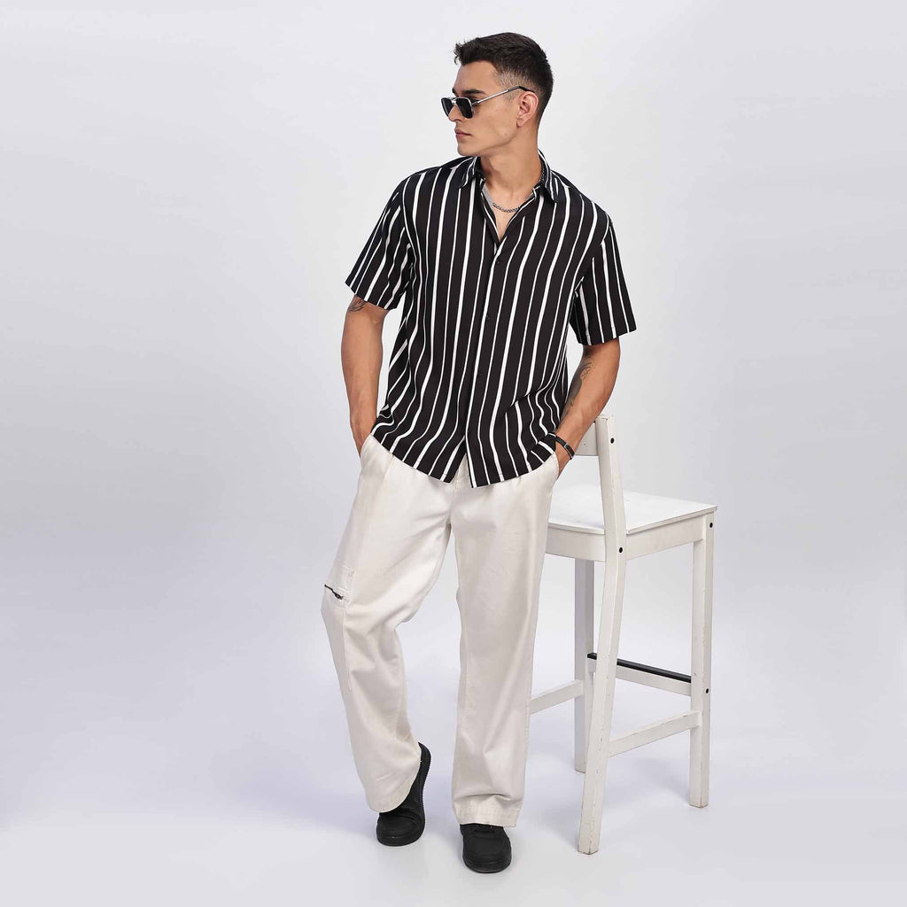 White Striped Short Sleeve Shirt for men