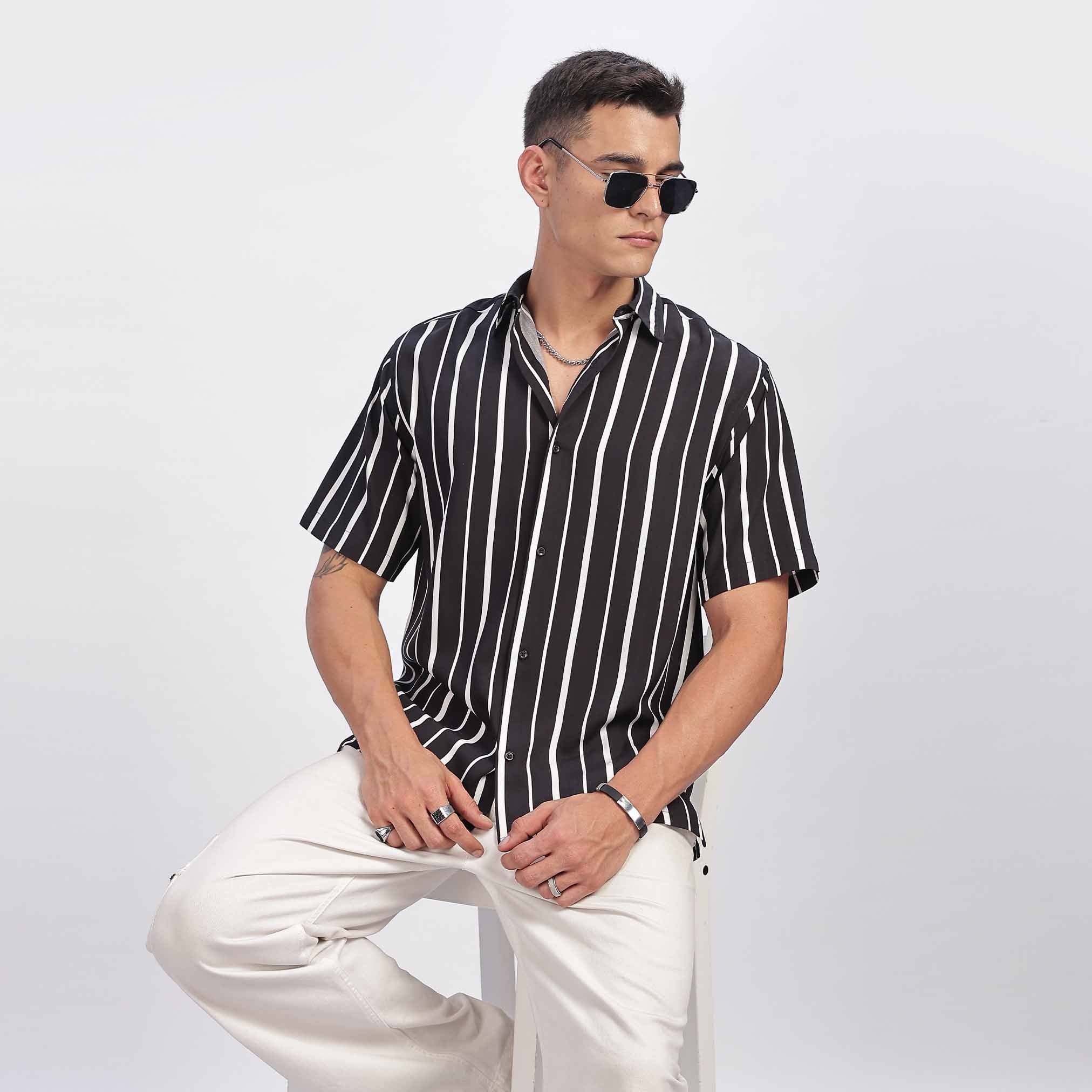 White Striped Short Sleeve Shirt for men